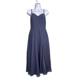 Azazie Maxi Dress Womens Sz 4 Blue Spaghetti Strap Slit Bridesmaid Prom Formal